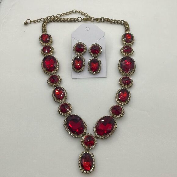 Red - Gem Stone Drop Pendant Necklace Set - Picture 2 of 8